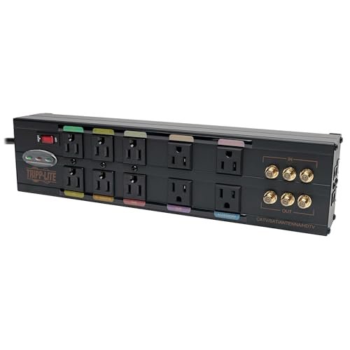 Tripp Lite Isobar 10 Outlet Audio/Video Surge Protector Tel/Modem/Coax/Network 8ft Cord Right Angle Plug, & $500,000 Insurance (HT10DBS) Black