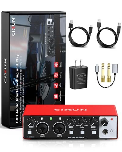 CIXUN Audio Interface, 2x2 USB-C Interface for PC/Mac Recording, 24-bit/192kHz, Dual TS/XLR Inputs, +48V Phantom Power, Studio/Podcast/Streaming(Matte Red)